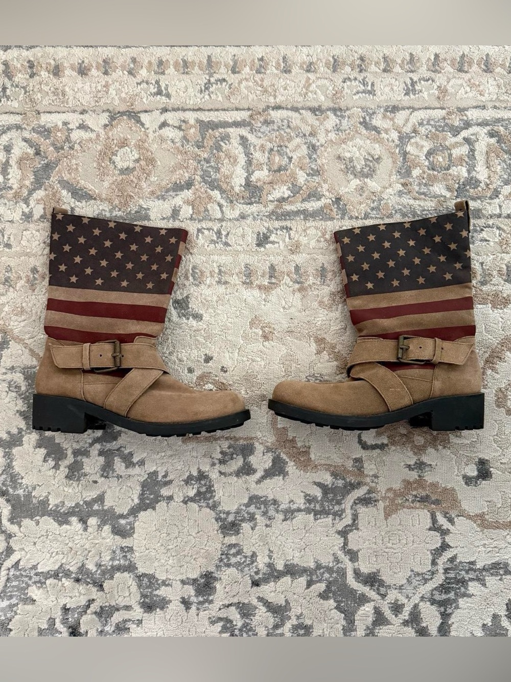 Sbicca Tan Suede Combat Boots with American Flag-Print
